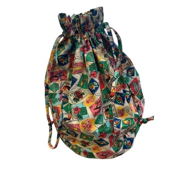 Vera Bradley Drawstring Bag 18in Multicolor Excellent Cuban Postage Stamp Quilt